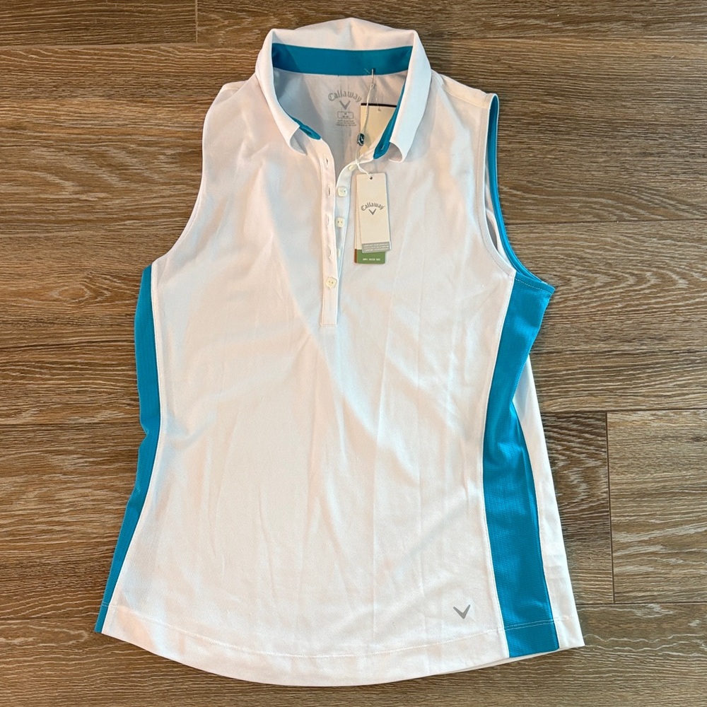 NWT- Callaway White and Blue Sleeveless Women’s Golf Polo (Medium)